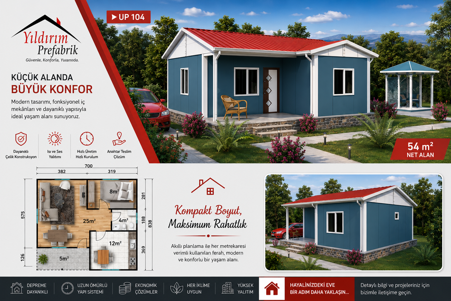 54 M2 Tek Katlı Prefabrik Konut