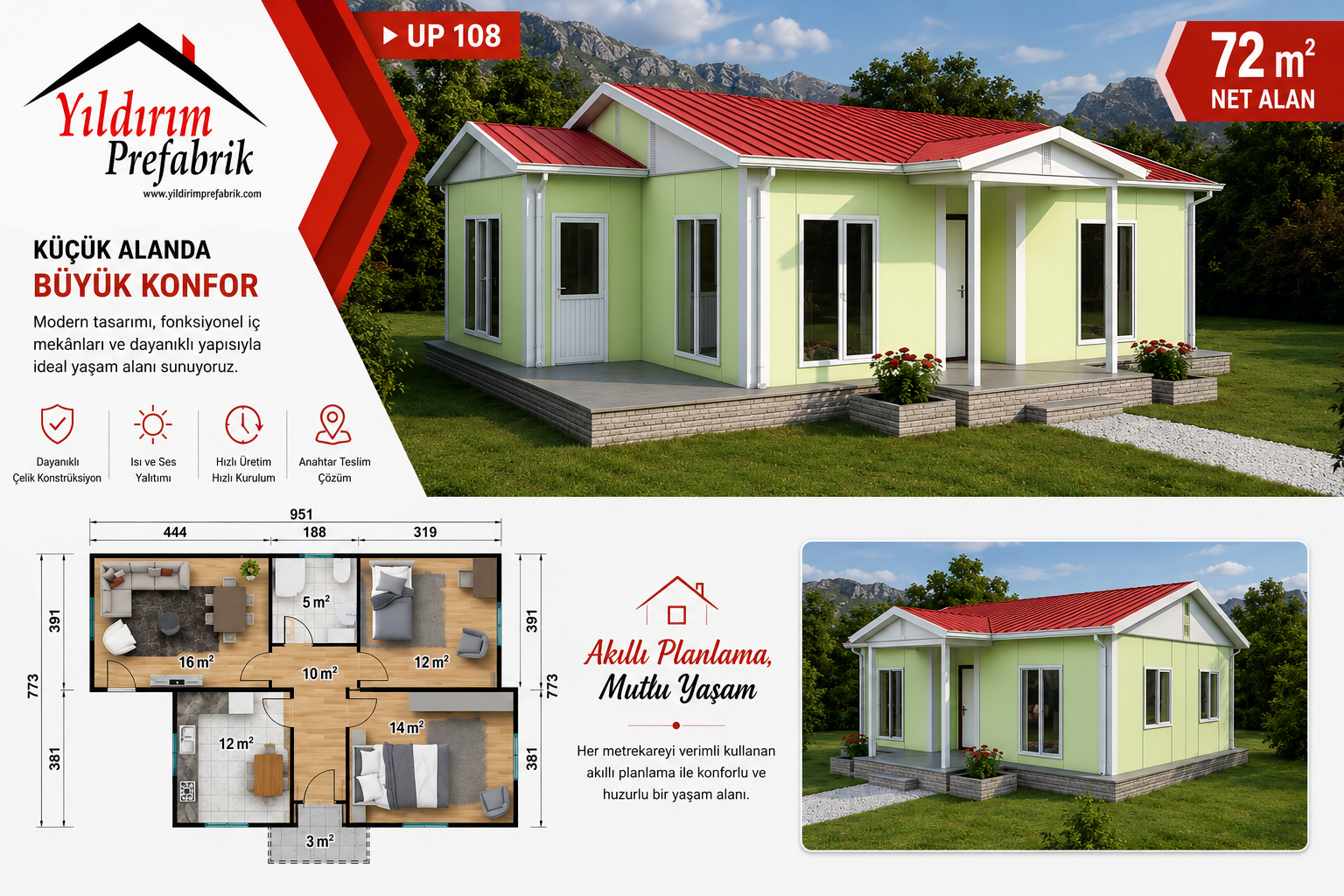 72 M2 Tek Katlı Prefabrik Konut