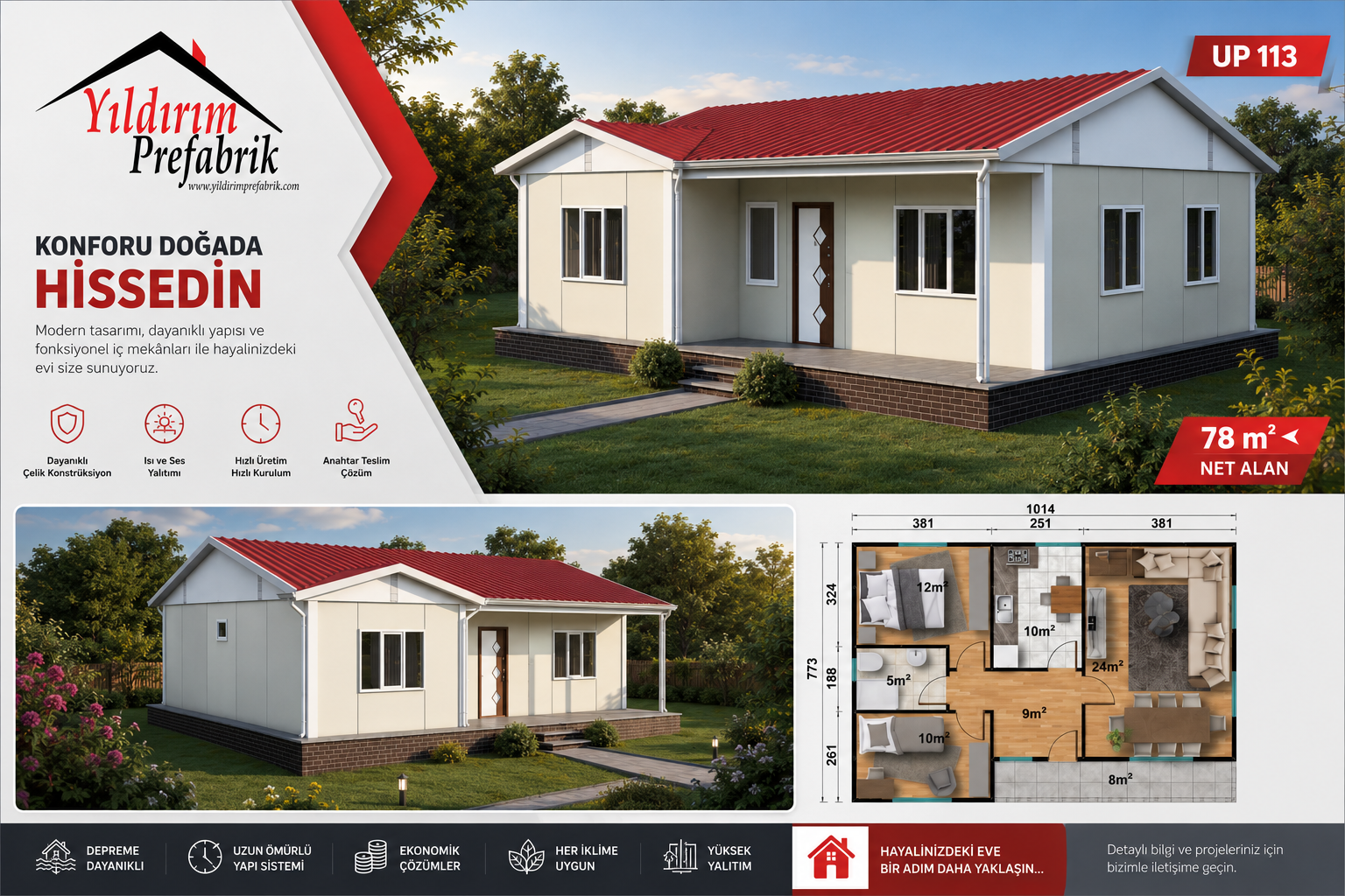 78 M2 Tek Katkı Prefabrik Konut 